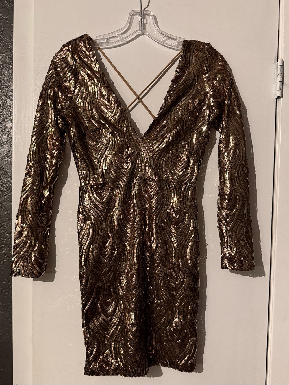 Papaya Metallic Brown Long Sleeve Sequin V-Neck Dress
